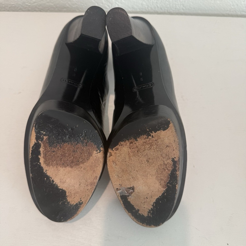 Vintage Coach Womens Pump Size 9 Black Patent Block Heel Platform Shoe Mob Wife - Picture 13 of 13